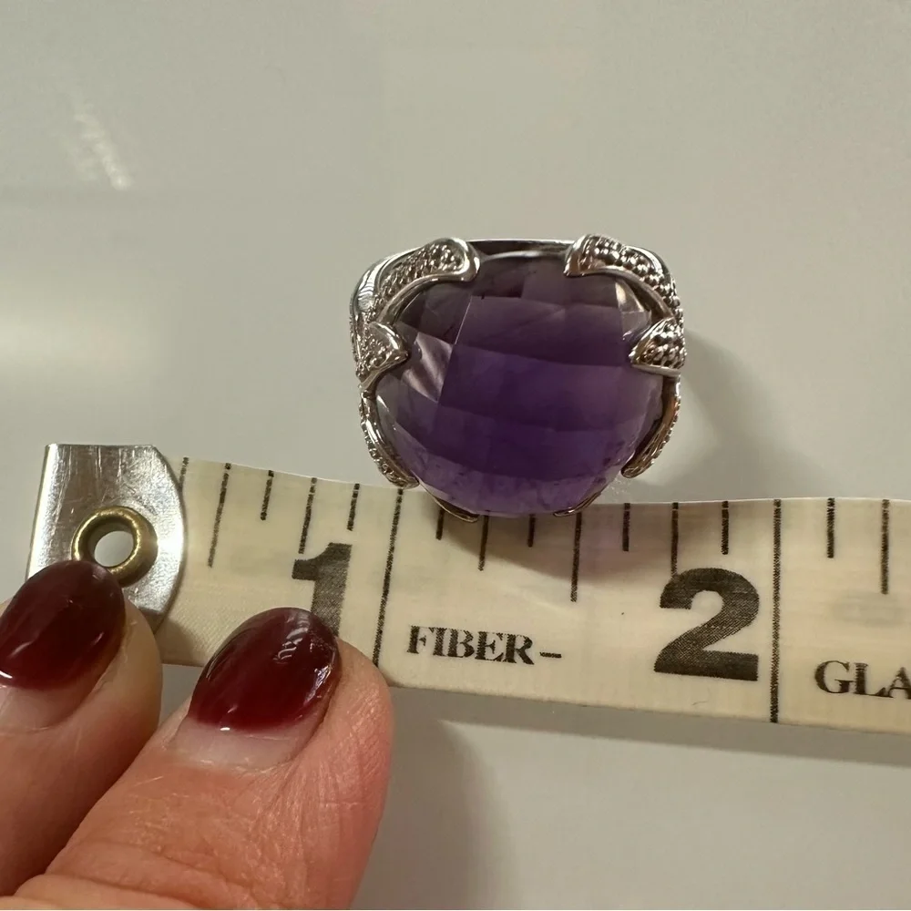 925 Sterling Silver Royal Purple Amethyst Cocktail Ring Size 9 Checkerboard Cut